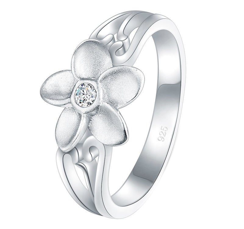 BORUO 925 Sterling Silver Ring, Plumeria Cubic Zirconia CZ Hawaiian Flower Comfort Fit Wedding Band Ring Size 10 - Image 1